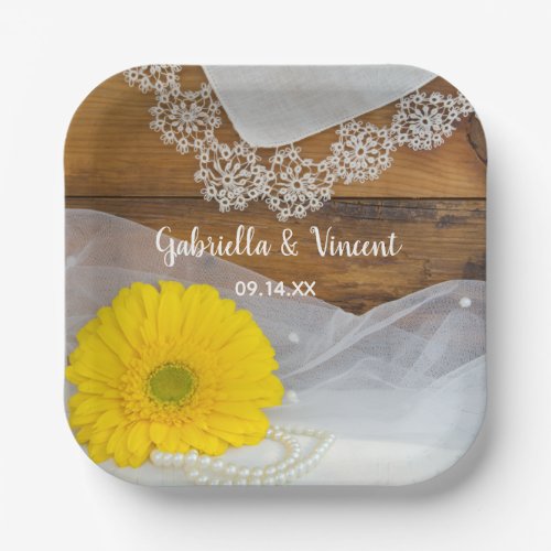 Yellow Daisy and Lace Country Barn Wedding Paper Plates