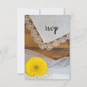 Yellow Daisy and Lace Country Barn Wedding RSVP Card