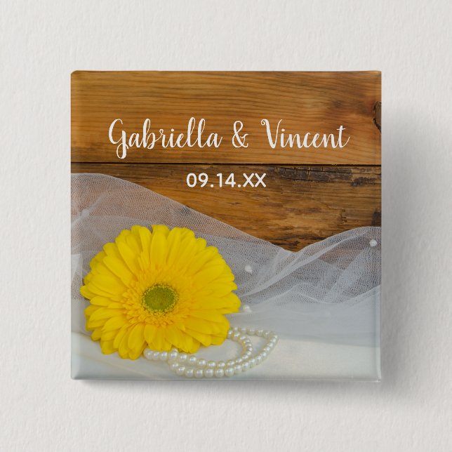 Yellow Daisy and Pearls Country Barn Wedding Button (Front)