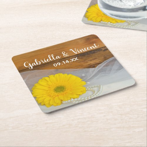 Yellow Daisy and Pearls Country Barn Wedding Square Paper Coaster