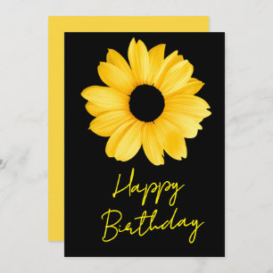 Yellow daisy and Your Name on black Happy Birthday Holiday Card
