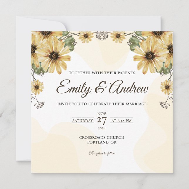 Yellow Daisy Arch Floral Watercolor Square Wedding Invitation (Front)