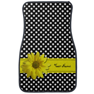 Yellow Daisy Black and White Polka Dots Car Mat