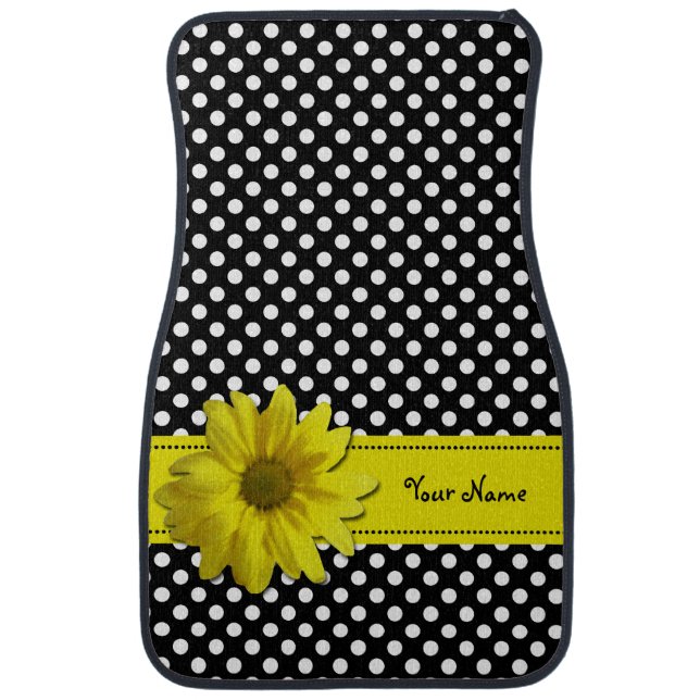 Yellow Daisy Black and White Polka Dots Car Mat (Front)