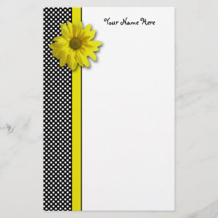 Yellow Daisy Black and White Polka Dots Stationery