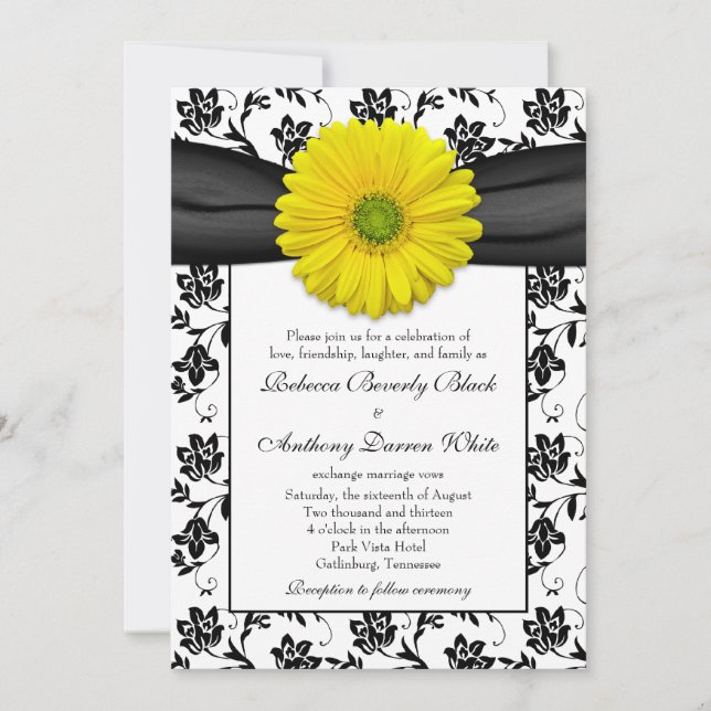 Yellow Daisy Black White Floral Wedding Invitation (Front)