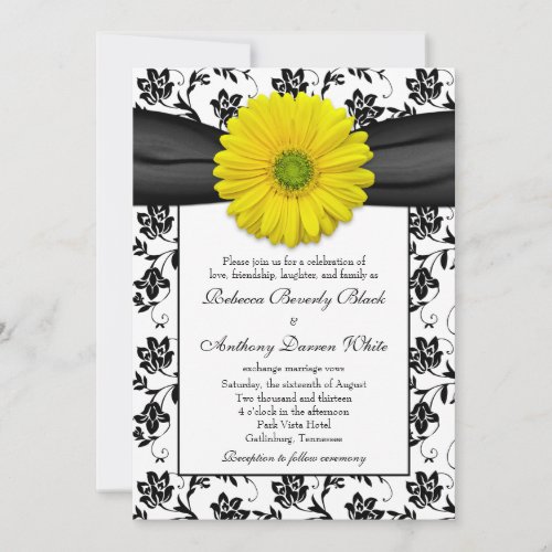 Yellow Daisy Black White Floral Wedding Invitation
