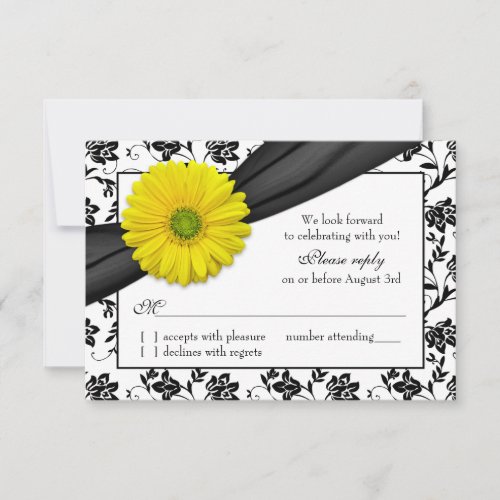 Yellow Daisy Black White Floral Wedding RSVP Personalized Announcements