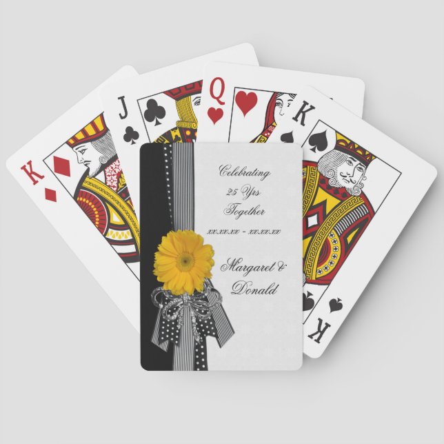 Yellow Daisy Black White Polka Dots Wedding Poker Cards (Back)