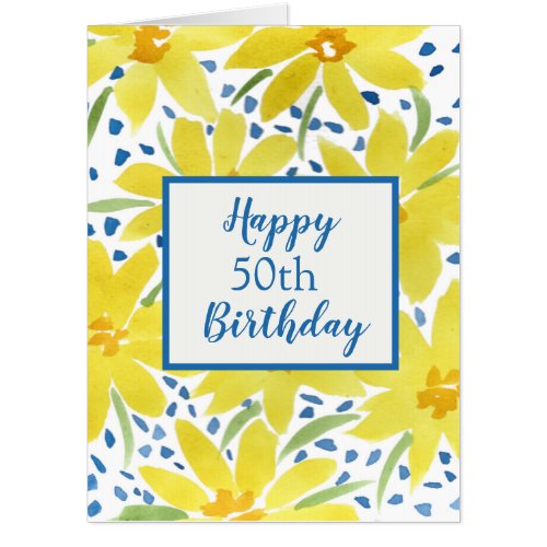 Yellow Daisy Bouquet Blue Dots Custom Birthday  Card