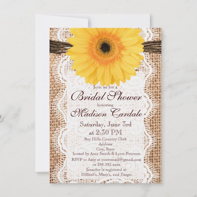 Yellow Daisy Burlap Bridal Shower Invitations (Front)