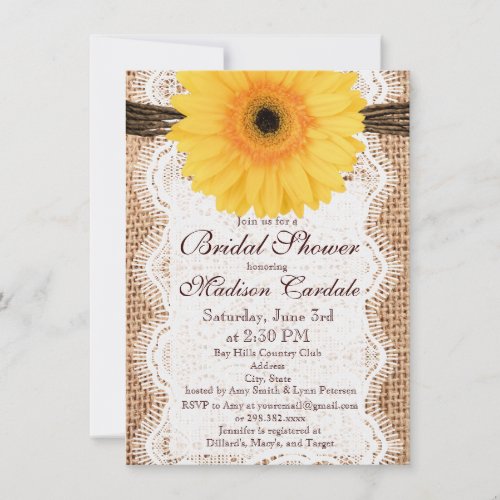 Yellow Daisy Burlap Bridal Shower Invitations