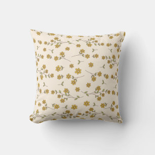 Yellow Daisy Floral Botanical Pattern on Cream Throw Pillow