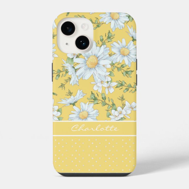 Yellow Daisy Floral Personalized Script Name Iphone Case (Back)