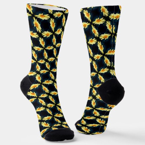 Yellow Daisy Flower Close Up Pattern    Socks