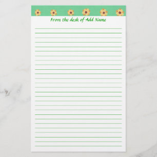 Yellow Daisy Flower Pattern Green Lined Stationery