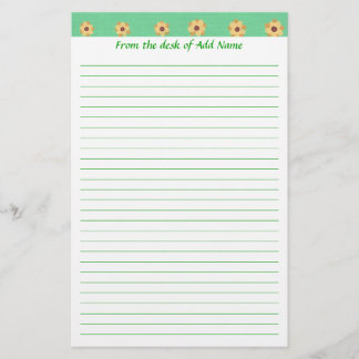 Yellow Daisy Flower Pattern Green Lined Stationery