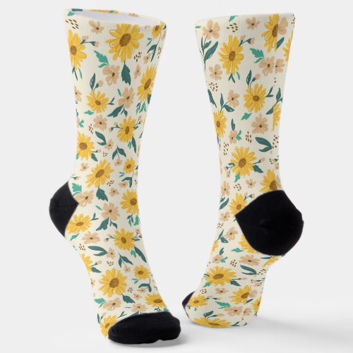 Yellow Daisy Flower Pattern Socks