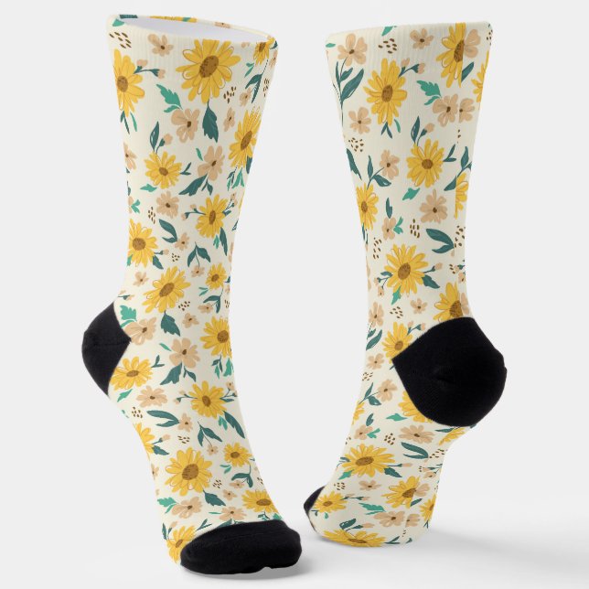 Yellow Daisy Flower Pattern Socks (Angled)
