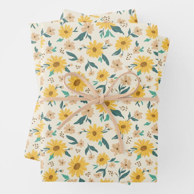 Yellow Daisy Flower Pattern Wrapping Paper Sheets (In situ)