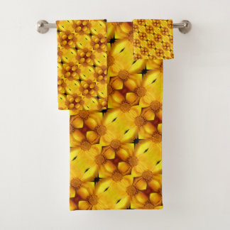 Yellow Daisy Flower Petals And Center Pattern   Bath Towel Set