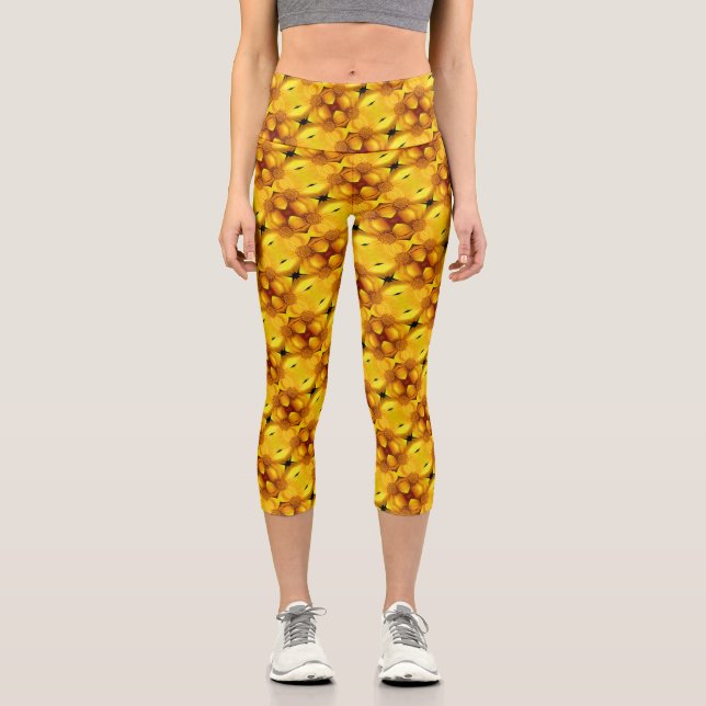 Yellow Daisy Flower Petals And Center Pattern      Capri Leggings (Front)