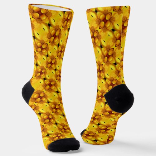 Yellow Daisy Flower Petals And Center Pattern   Socks