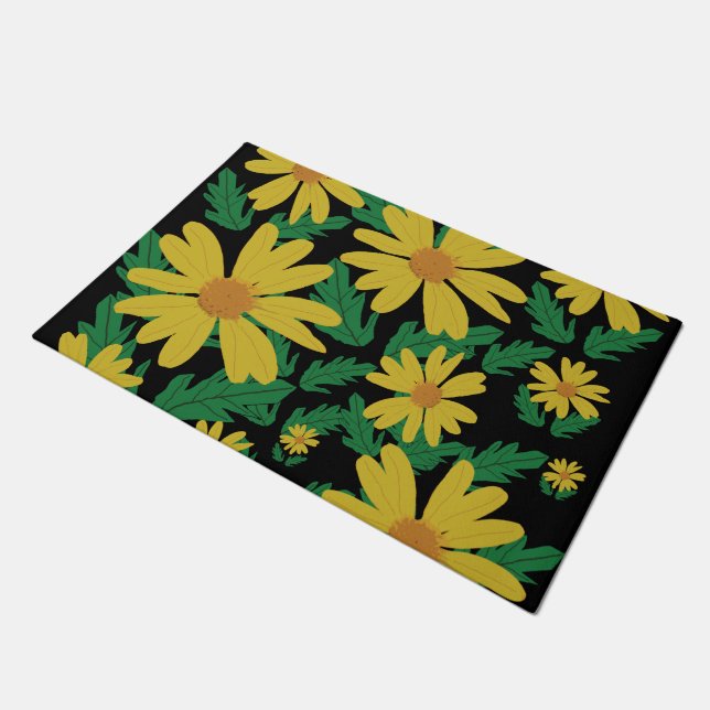 Yellow daisy flowers with green leaves  doormat (Angled)