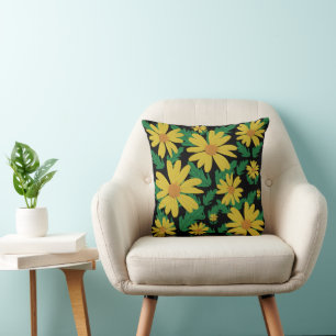 Yellow daisy flowers with green leaves  throw pill pillow