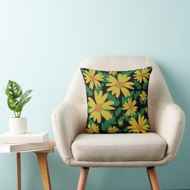 Yellow daisy flowers with green leaves  throw pill throw pillow (Chair)
