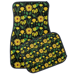 Yellow Daisy Garden On Black Car Floor Mat