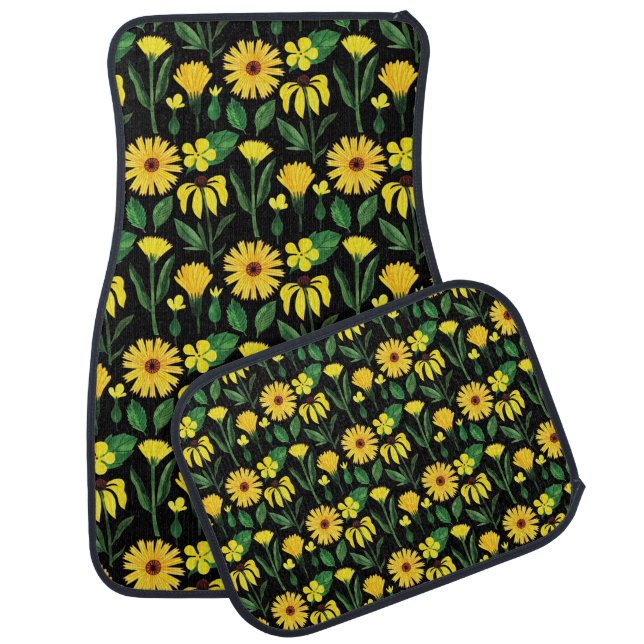 Yellow Daisy Garden On Black Car Floor Mat (Set)