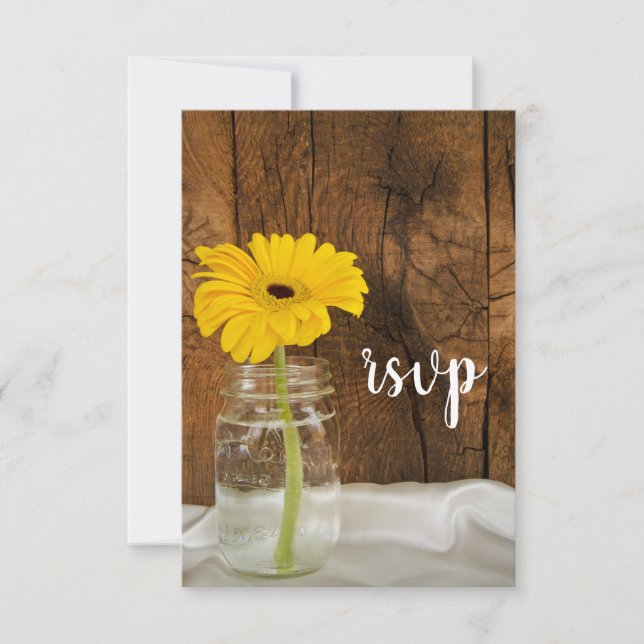 Yellow Daisy in Mason Jar Barn Wedding RSVP (Front)