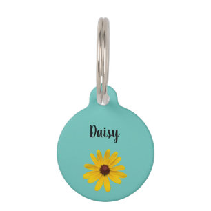 Yellow Daisy Kitty Cat Trendy Teal Pet ID Tag