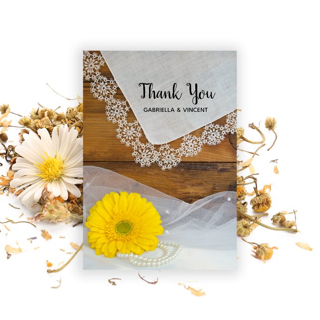 Yellow Daisy Lace Country Barn Wedding Thank You Card (Creator Uploaded)
