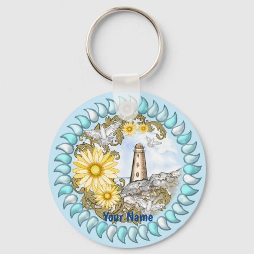 Yellow Daisy Lighthouse custom name Keychain