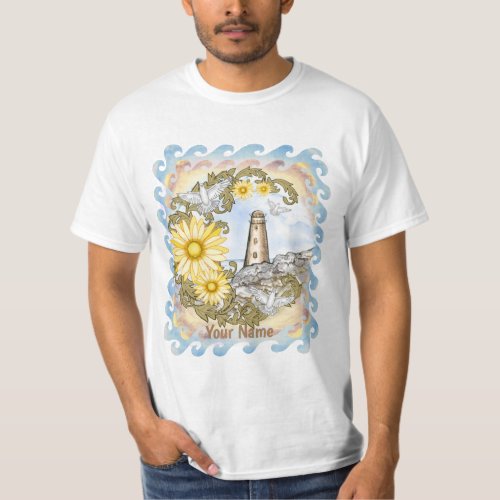 Yellow Daisy Lighthouse custom name T_Shirt
