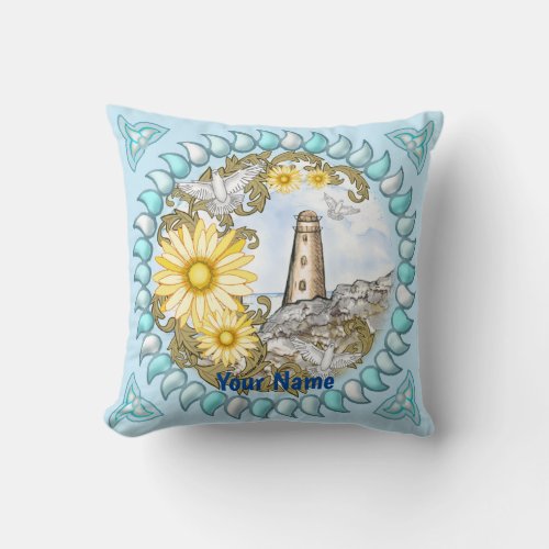 Yellow Daisy Lighthouse custom name Throw Pillow
