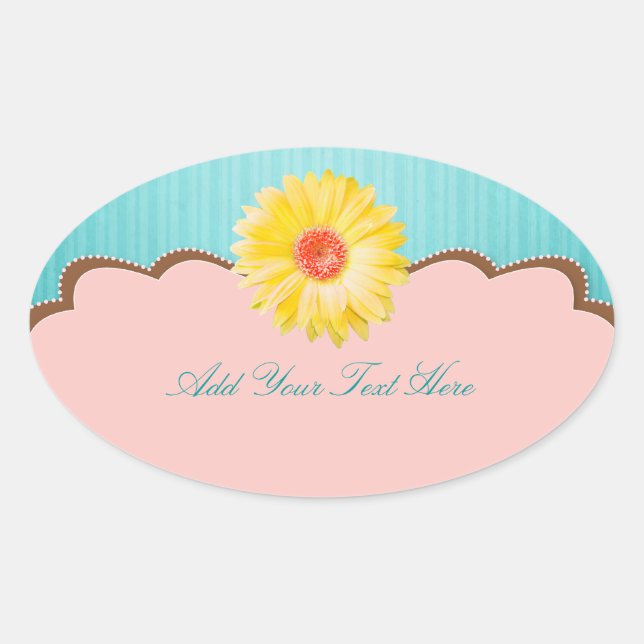 Yellow Daisy on Pink & Teal Customizable Oval Sticker (Front)