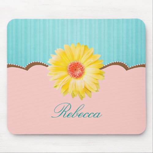 Yellow Daisy on Pink  Teal Personalized Mouse Pad