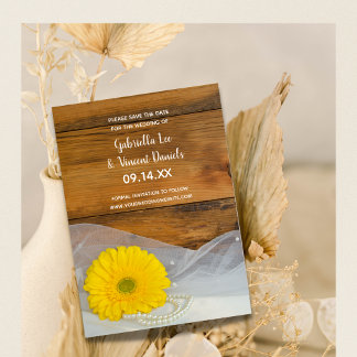Yellow Daisy Pearls Barn Wedding Save the Date Invitation
