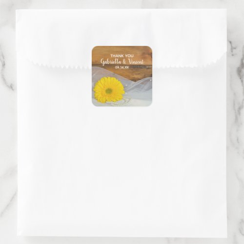 Yellow Daisy Pearls Country Barn Wedding Thank You Square Sticker