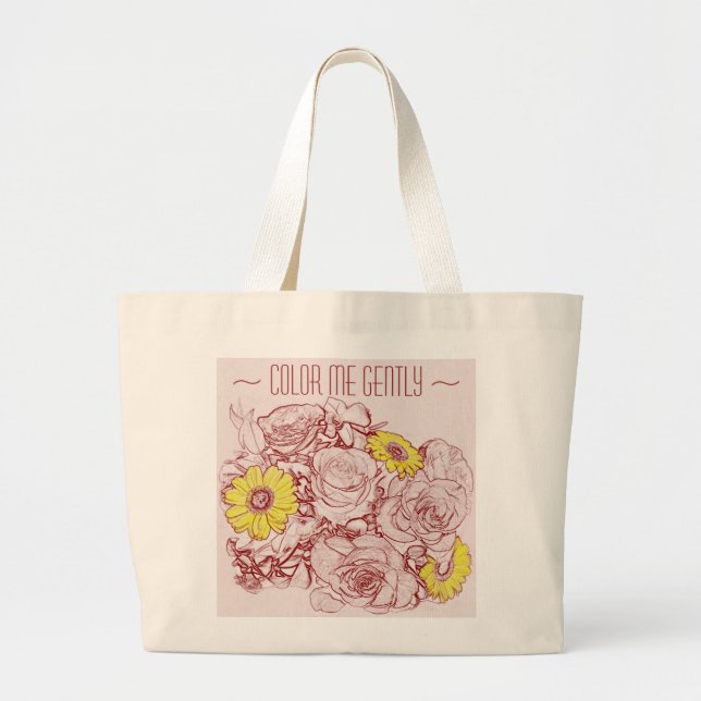 Yellow Daisy Red Rose Outlined Bouquet Template Large Tote Bag (Front)