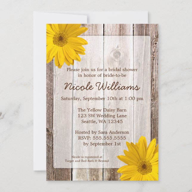 Yellow Daisy Rustic Barn Wood Bridal Shower Invitation (Front)