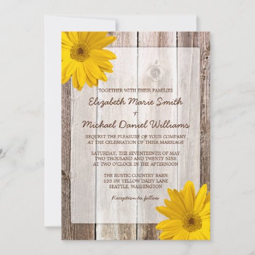 Yellow Daisy Rustic Barn Wood Wedding Invitations