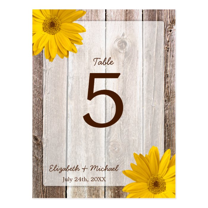 Yellow Daisy Rustic Barn Wood Wedding Table Number Postcards