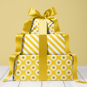 Yellow Daisy Striped and Polka Dot Wrapping Paper Sheets