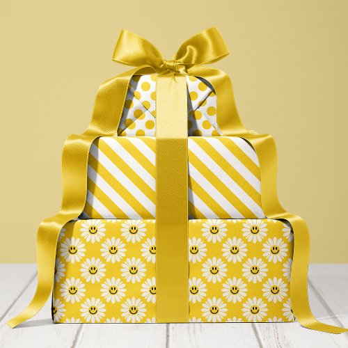 Yellow Daisy Striped And Polka Dot Wrapping Paper Sheets