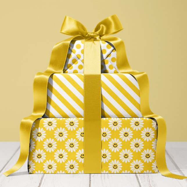 Yellow Daisy Striped and Polka Dot Wrapping Paper Sheets (Creator Uploaded)