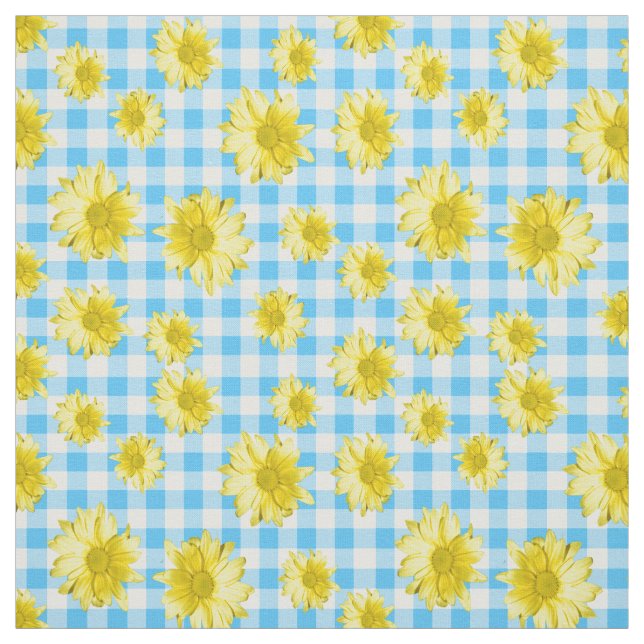 Yellow Daisy Turquoise White Gingham Fabric (Swatch)